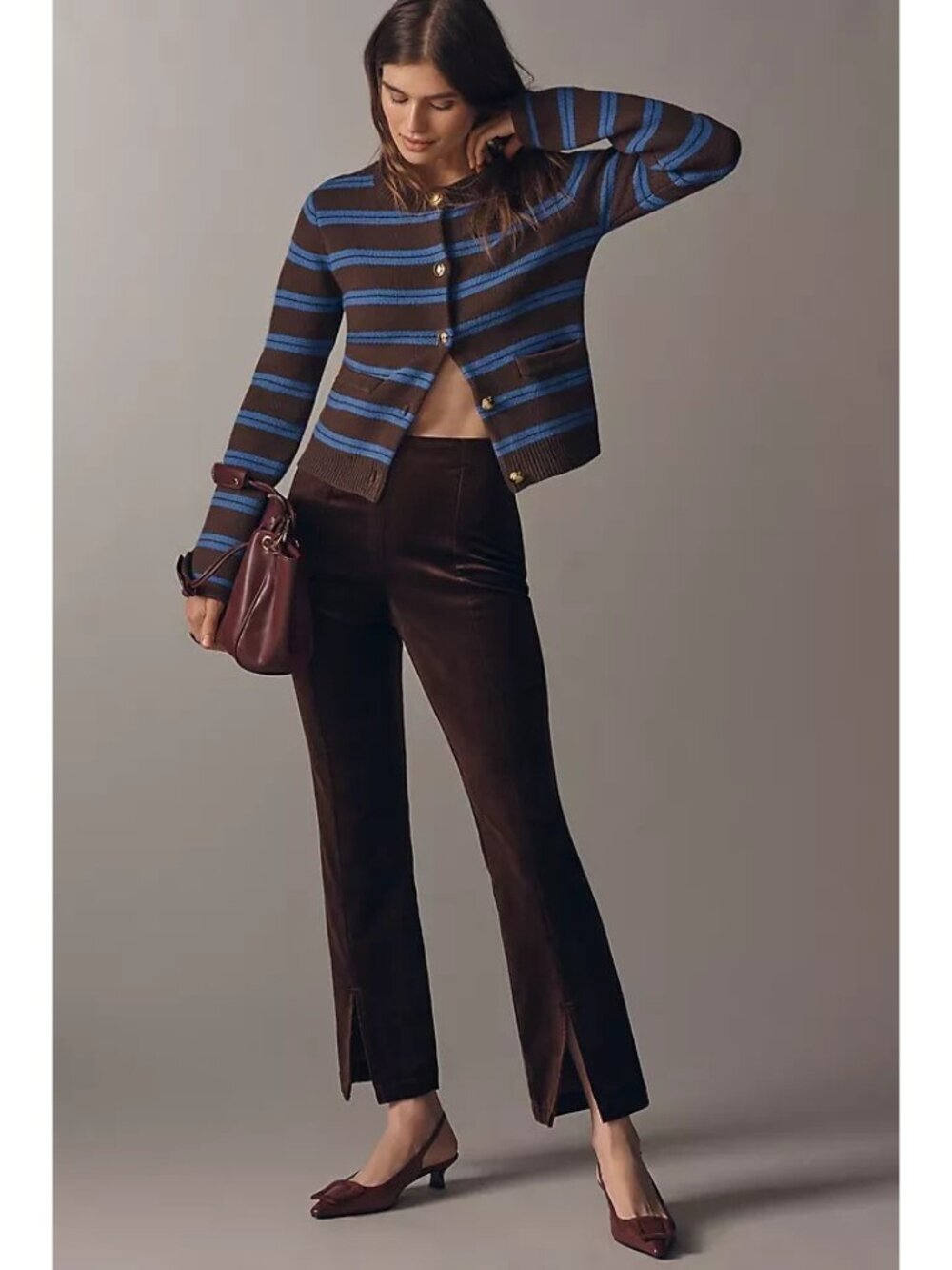Anthropologie Maeve High-Rise Split-Front Velvet Skinny Pants Brown XL